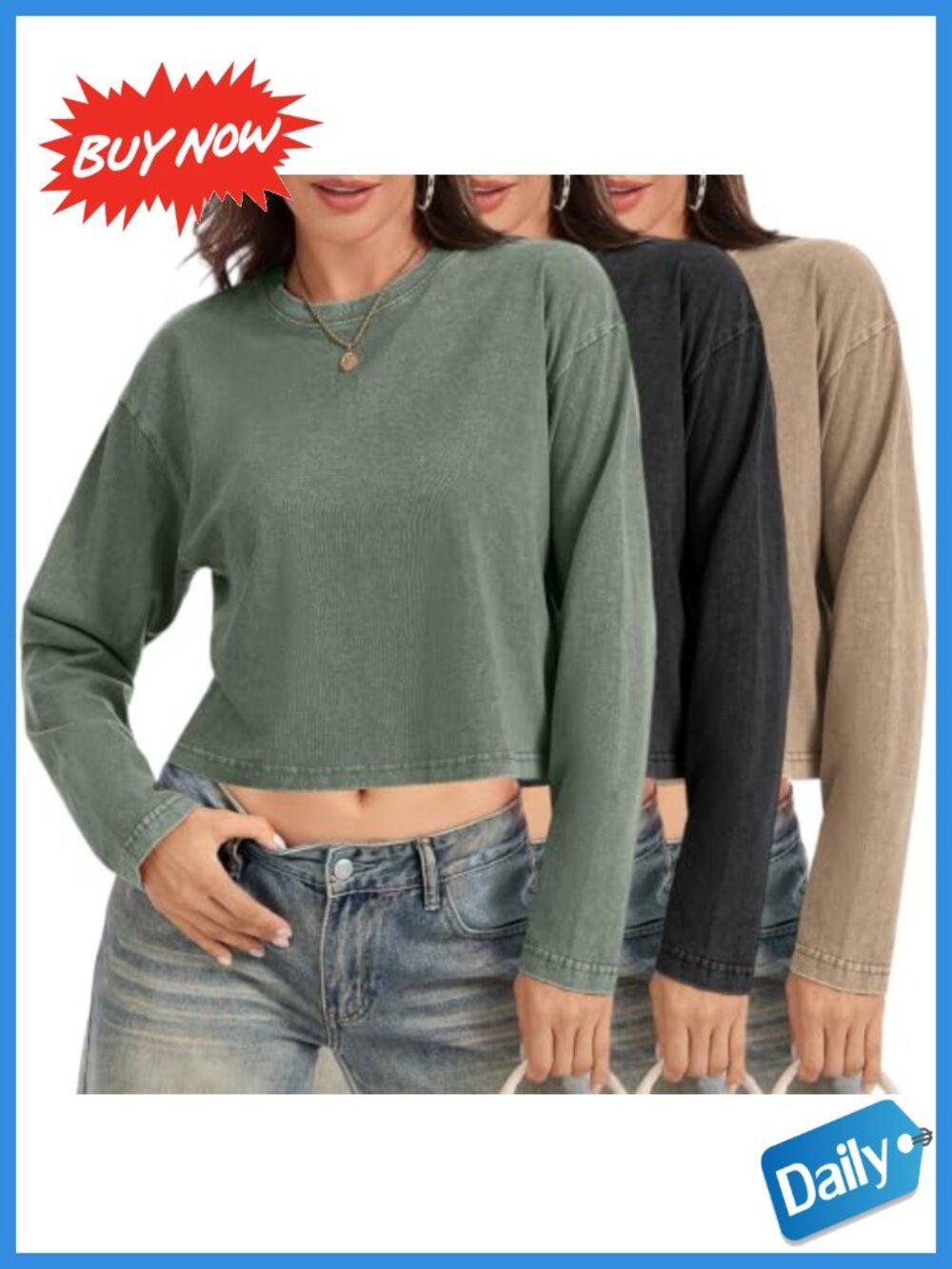 Womens Oversized Acid Wash Crop Top Long Sleeve Crew Neck Cotton